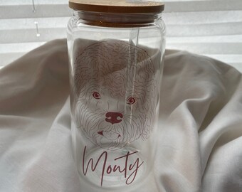 Personalisierter Eiskaffeeglas | Hund Katze Maus Co. Motiv | Haustier Trinkglas | Glas mit Bambusdeckel und Strohhalm