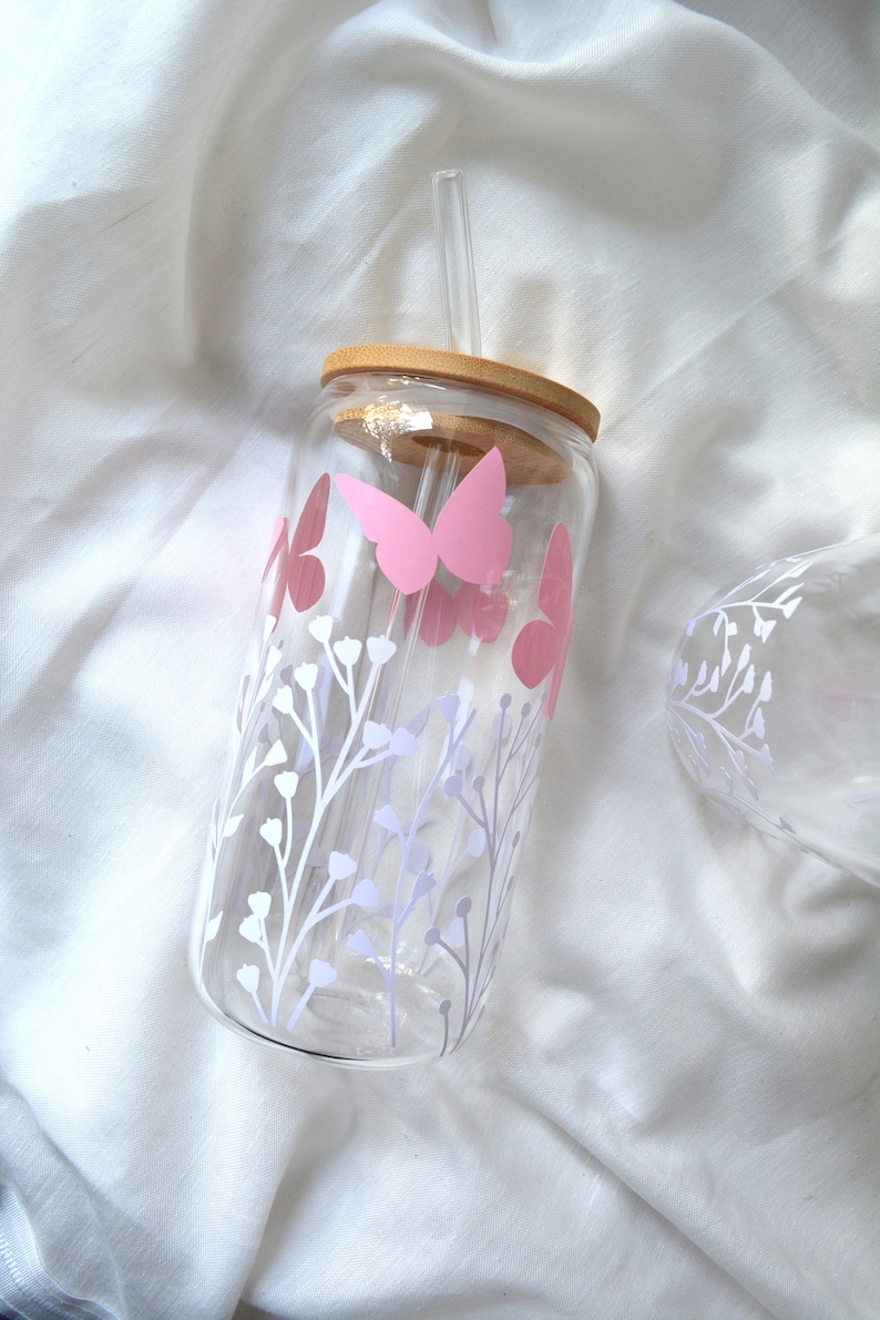 Eiskaffeegläser Trinkgläser mit Glasstrohhalm Glas mit Deckel Glas mit Bambusdeckel und Strohhalm Weiß|Schmetterlinge
