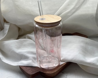 Longdrinkglas mit Deckel ! Perfekt für den Sommer! | Hasenmotiv Eiskaffeegläser | Trinkgläser mit Glasstrohhalm und Glasstrohhalm
