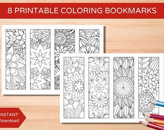 Set of 8 Floral Coloring Bookmarks, Printable Spring Flowers (Digital Download)