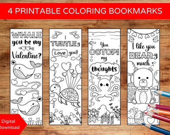 Valentine's Day Coloring Bookmarks, Valentine's Day Kids Activity, Printable Valentine Bookmarks, Heart, Bear, Digital Download