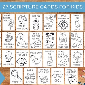May include: A set of 27 black and white scripture cards for children, each with a different inspirational message and illustration. The cards feature images like a dolphin, strawberry, and star, and are designed for colouring. Available as a digital download.