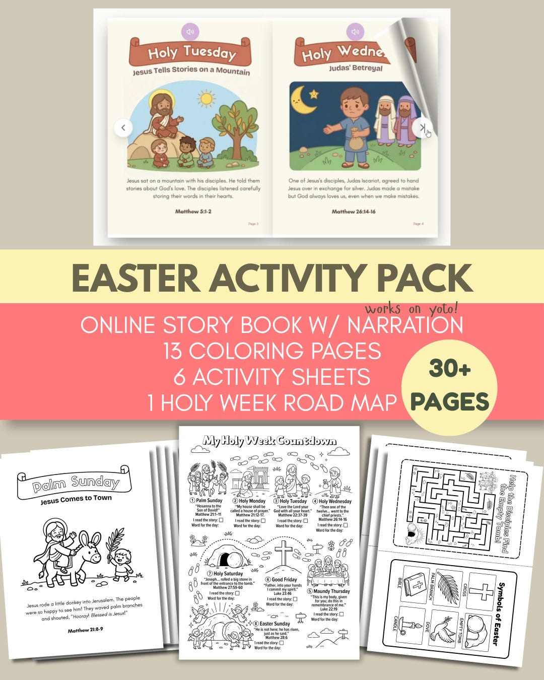 Palm Sunday to Easter, Holy Week Resurrection Bundle, Bible Coloring ...