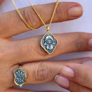 14k Gold Plated Hamsa Necklace for Women • Fatima Hand Evil Eye Jewelry • Gold Plated Silver Pendant • Birthday Gift for Her • Hamsa Pendant