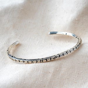 Silver Sterling Viking Runic Bangle: Adjustable Scandinavian Bracelet 6.6-7.4 Inches