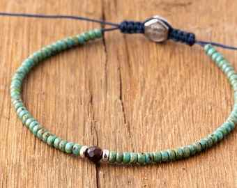 Bracelet unisexe fait main, perles miyuki turquoise avec grenat et argent sterling, bracelet de perles, bijoux en pierre naturelle, cadeau pour elle
