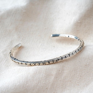 Silver Sterling Viking Runic Bangle: Adjustable Scandinavian Bracelet 6.6-7.4 Inches