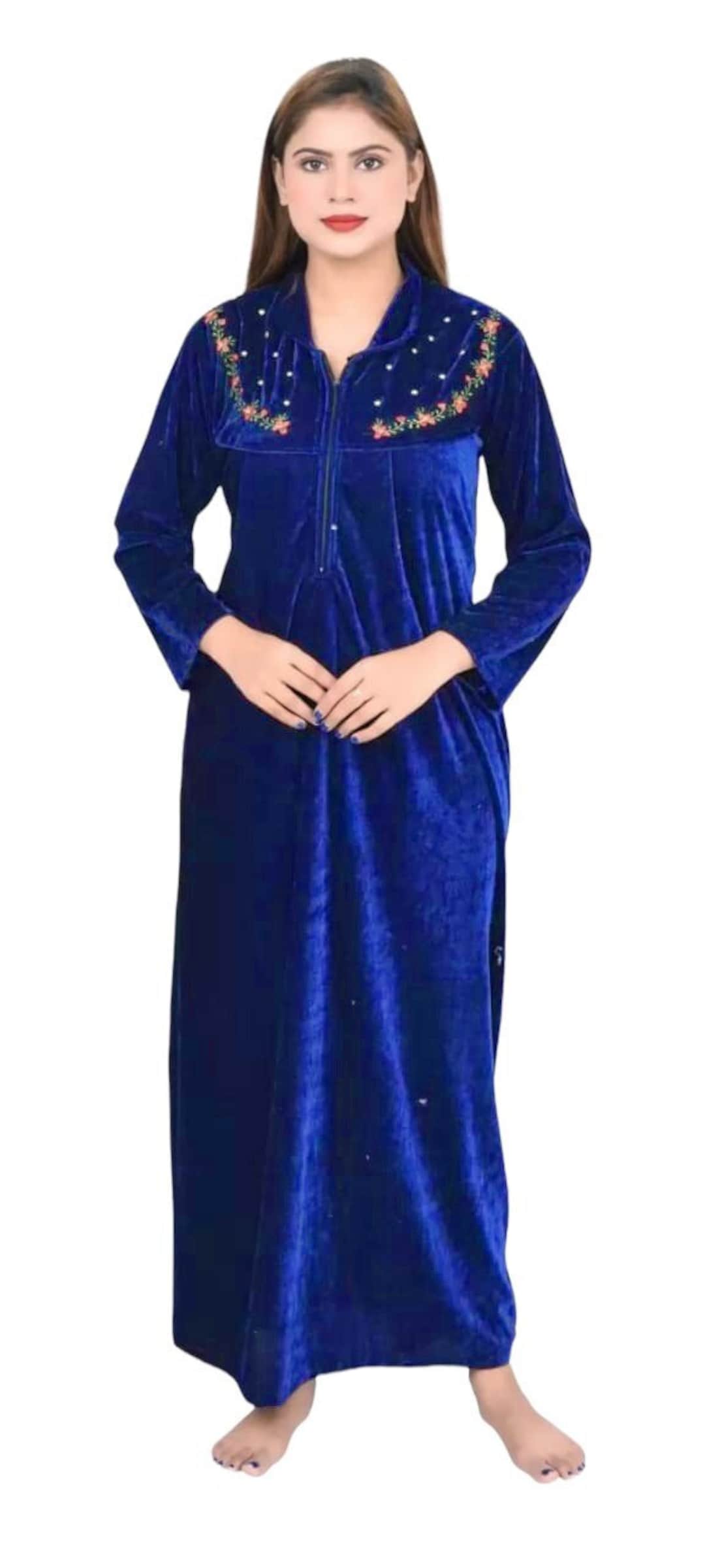 Dark Blue Solid Velvet Nighty Full Length main image 1