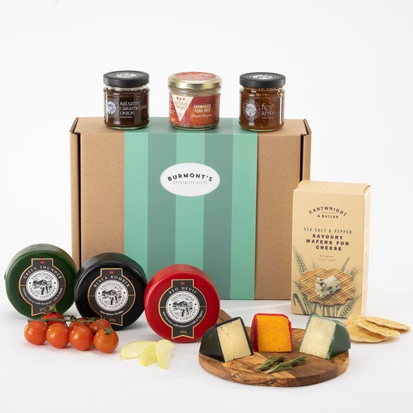 Snowdonia Cheese Company Gift Hamper Containing Three, 200g Truckles, Chutneys, Farmhouse Pate & Wafers - Hamper Exclusive to Burmont's