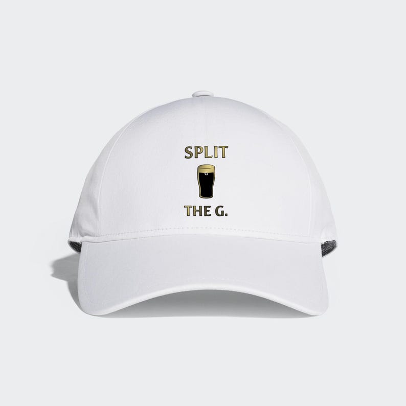 May include: White baseball cap with the text "SPLIT THE G." and a graphic of a glass of beer.