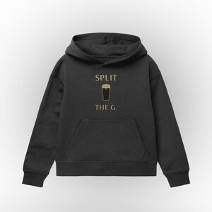 May include: A dark gray hoodie with a gold graphic of a pint glass and the text "SPLIT THE G."