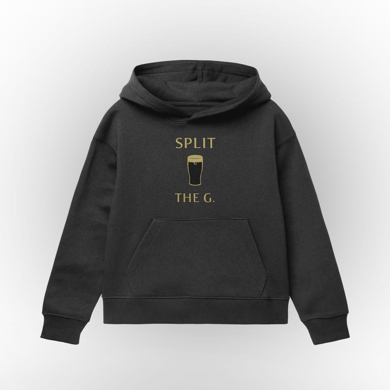 May include: A dark gray hoodie with a gold graphic of a pint glass and the text "SPLIT THE G."