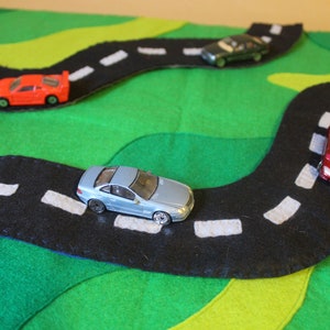 May include: A green felt play mat with a black road winding through it. There are four toy cars on the road: a red car, a blue car, a silver car, and a black car.