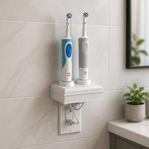 Peut inclure: Un support mural blanc en plastique pour brosses à dents électriques, conçu pour en accueillir deux. L'unité se branche directement sur une prise murale et présente une surface supérieure plate avec deux socles circulaires pour charger les brosses Oral-B.