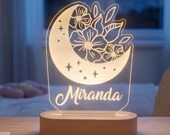 Moon and Flower Custom Name Light | Personalized Bedroom LED Cloud Decor Sign | Light up Sign | Daughter gift Sign /Office Decor / Girl Gift