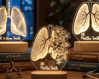 Personalized lung LED lamp with name, doctor gift for pulmonologist respiratory therapist, med student night light