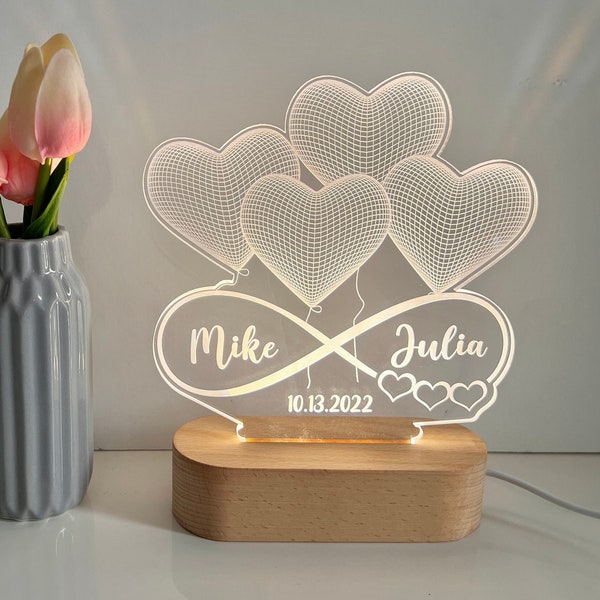 Lampe LED 3D Illusion personnalisée | Infinity Heart Valentines Cadeau | Allumer Signez |  Cadeau de couple / Cadeau pour elle / Cadeau d’anniversaire