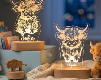 Highland Cow Custom Name Light | Personalized Bedroom LED Cloud Decor Sign | Light up Sign | /Wildflower crown Cow Lamp / Girl Gift
