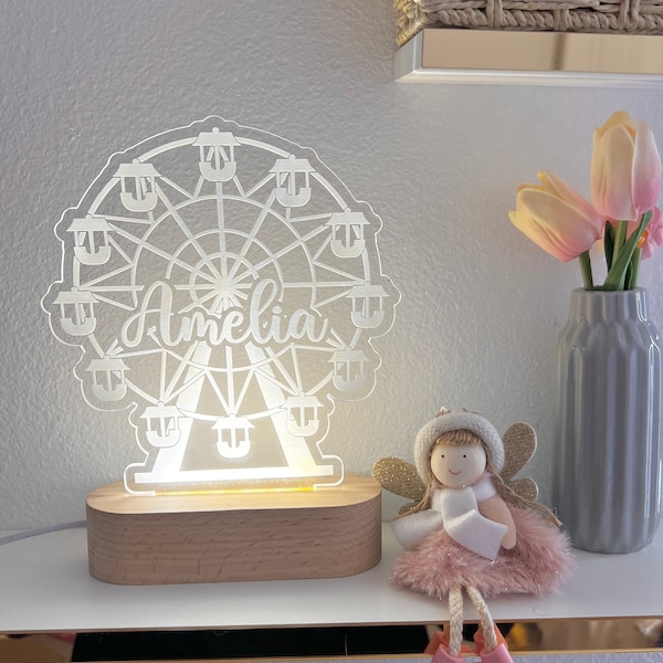 Nom personnalisé lumineux Circus | Enseigne décorative LED personnalisée pour chambre à coucher | Enseigne lumineuse | Signe cadeau fille/fils/cadeau garçon/cadeau fille. Roue de cirque.