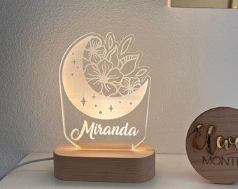 Lune et fleur nom personnalisé lumière | Panneau personnalisé de décoration de nuage LED pour chambre à coucher | Allumez le panneau | Signe cadeau de fille /Décor de bureau / Cadeau de fille