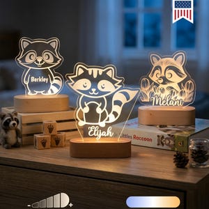 Personalized Raccoon Night Light - Custom LED Lamp Decor, Bedroom Sign, Boy/Girl Gift, Baby Shower Gift, Unique Kids Room Light.