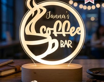 Personalized Coffee Bar Night Light - Custom LED Lamp for Coffee Lovers, Perfect Gift for Baristas, Unique Cafe Decor,  Nightlight Kitchens