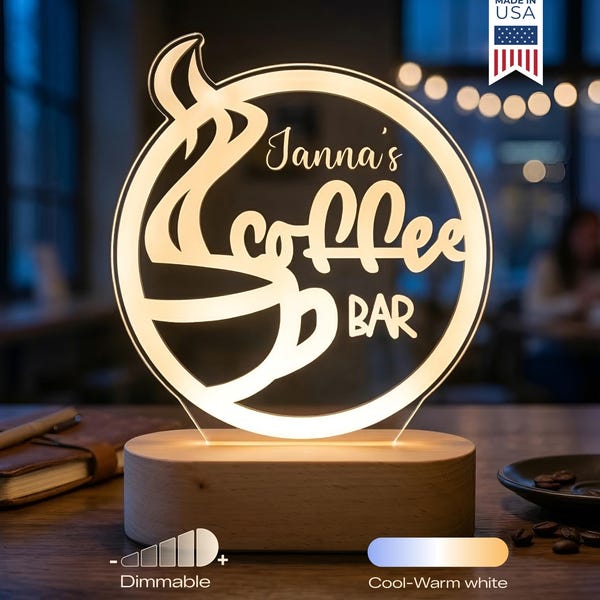 Personalized Coffee Bar Night Light - Custom LED Lamp for Coffee Lovers, Perfect Gift for Baristas, Unique Cafe Decor,  Nightlight Kitchens