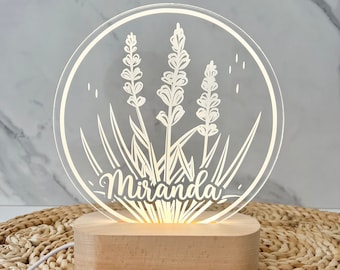 Lavender Flower Custom Lamp LED Lamp | Personalized LightUp Name Sign | Perfect for Greenery  Flowers Lover | Unique Boho Gift  Bedside Lamp