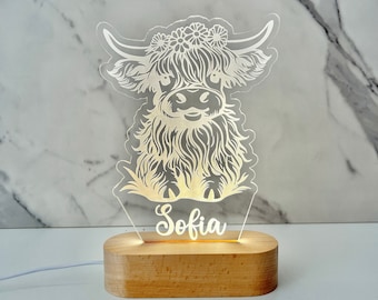 Highland Cow Custom Name Light | Personalized Bedroom LED Cloud Decor Sign | Light up Sign | /Wildflower crown Cow Lamp / Girl Gift