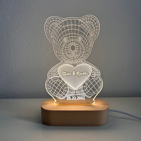 Nom lumineux LED 3D personnalisé | Cadeau personnalisé ours Saint-Valentin | Enseigne lumineuse | Panneau avec logo / Cadeau pour couple / Cadeau pour elle / Cadeau d'anniversaire