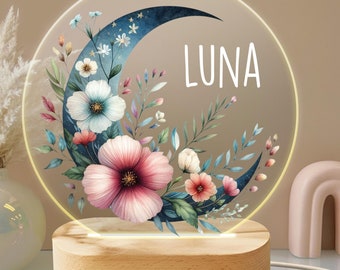 Personalized Moon and Flowers Night Light - Custom LED Lamp for Nature Lovers, Perfect Gift for Kids, Unique Room Decor, Soothing Nightlight