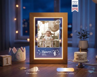 Personalized First Birthday Photo Lamp - Custom 1st Birthday Gift for Boy Girl, Baby Keepsake LED Night Light