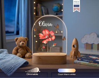 Personalized Flowers and Butterfly Night Light - Custom LED Lamp for Nature Lovers, Perfect Gift for Kids, Unique Room Decor, Fun Nightlight
