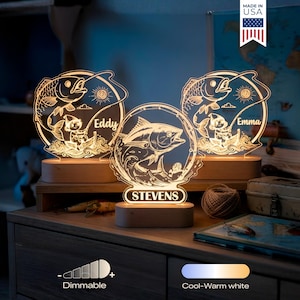 Custom Fishing Night Light - Personalized LED Lamp for Kids Room, Unique Dad Gift, Boy/Girl Name Bedroom Nightlight, Shop Decor