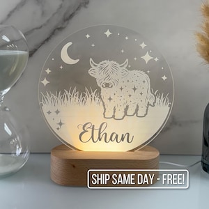 Custom Highland Cow Night Light - Personalized LED Lamp  Kids Room, Nursery Decor, Unique Baby Shower Gift, Boy/Girl Name Bedroom Nightlight