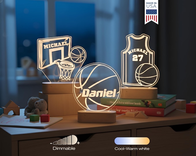 Personalized Basketball Night Light - Custom LED Lamp for Basketball Players, Perfect Sports Gift for Kids, Room Decor, Nightlight for Fans