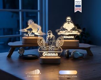 DJ Night Light - Personalized LED Lamp for Music Room, Unique Custom Club Decor, DJ Gift, Dad Name Nightlight, Bedroom Lamp for Him