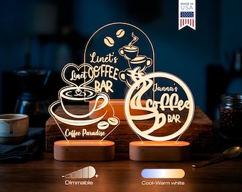 Cozy Coffee LED Lamp Personalized Coffee Bar Night Light Kitchen Decor Gift for Coffee Lover Cafe Decor Custom Name Light