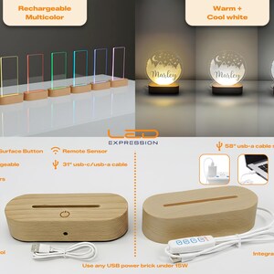 May include: A display of LED night lights with wooden bases and clear acrylic panels. One set shows a range of colors, while another features personalized designs with the name "Marley." The lights are rechargeable and controlled by a remote.