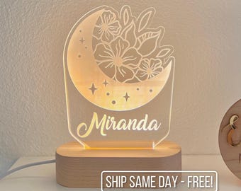 Moon and Flower Custom Name Light | Personalized Bedroom LED Cloud Decor Sign | Light up Sign | Daughter gift Sign /Office Decor / Girl Gift