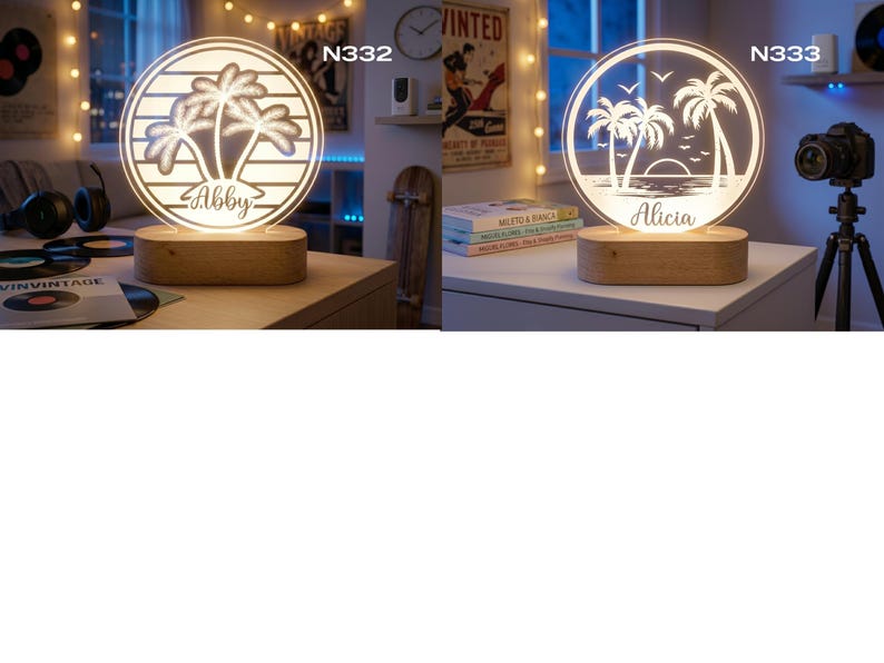 May include: Two illuminated wooden base lamps with a circular design. One features palm trees and the name "Abby", the other has palm trees, birds, and the name "Alicia". Both lamps are lit with a warm glow, creating a decorative and personalized touch.