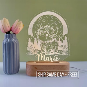 Personalized Highland Cow Night Light - Custom LED Lamp Decor, Bedroom Sign, Boy/Girl Gift, Baby Shower Gift, Unique Kids Room Light.