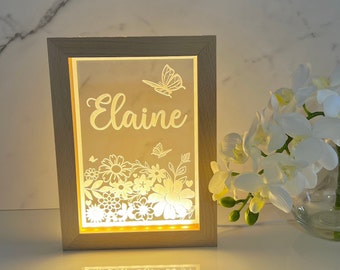 Flowers & Butterflies Customized LED Photo Frame| Personalized Name Light-Up Sign Unique Gift for Daughter, Girl's Room Blossom Light Baby