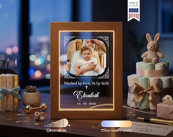 Baby Baptism Photo Frame - Personalized Christening Gift, Catholic Keepsake, Godchild Religious LED Light for Nursery