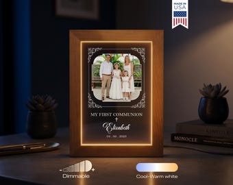 First Holy Communion Photo Frame - Personalized Catholic Gift, Girl Communion Keepsake, Religious LED Light for Daughter