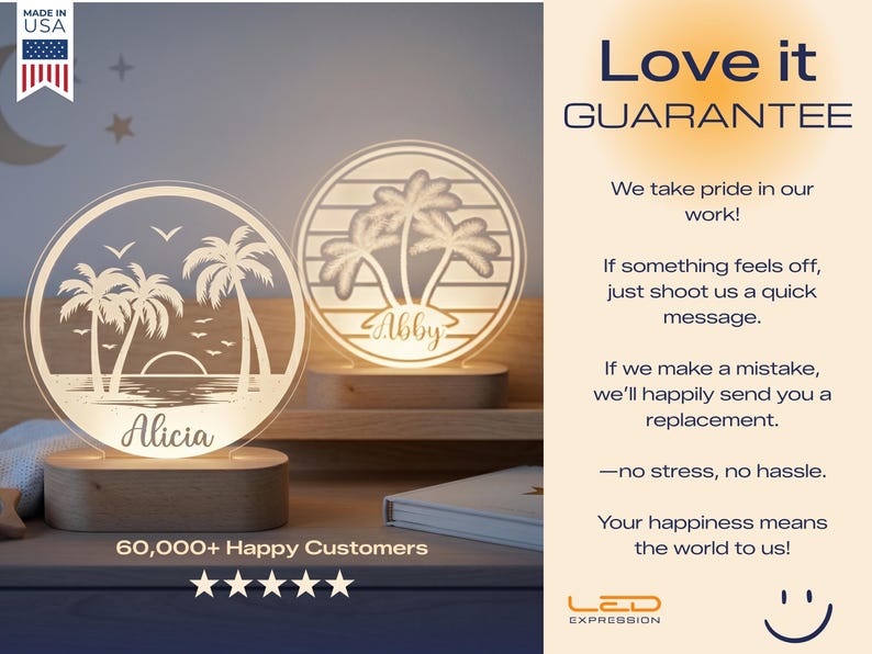 May include: Two illuminated, personalized LED night lights with a beach theme. One features the name "Alicia" and the other "Abby". Each light has a palm tree design and sits on a wooden base. The image also includes the text "Made in USA".