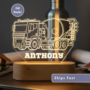 Personalized Mixer truck Night Light - Custom LED Construction Lamp Kids, Perfect Gift for Toddlers, Unique Room Decor, Bedroom Nightlight