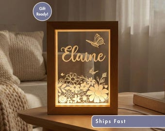 Flowers & Butterflies Customized LED Photo Frame| Personalized Name Light-Up Sign Unique Gift for Daughter, Girl's Room Blossom Light Baby