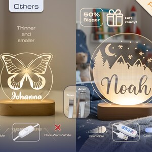 May include: Two LED night lights with wooden bases. One features a butterfly design with the name "Johanna", the other has a mountain scene with the name "Noah". Both are round and made of clear acrylic, with a dimmable feature.