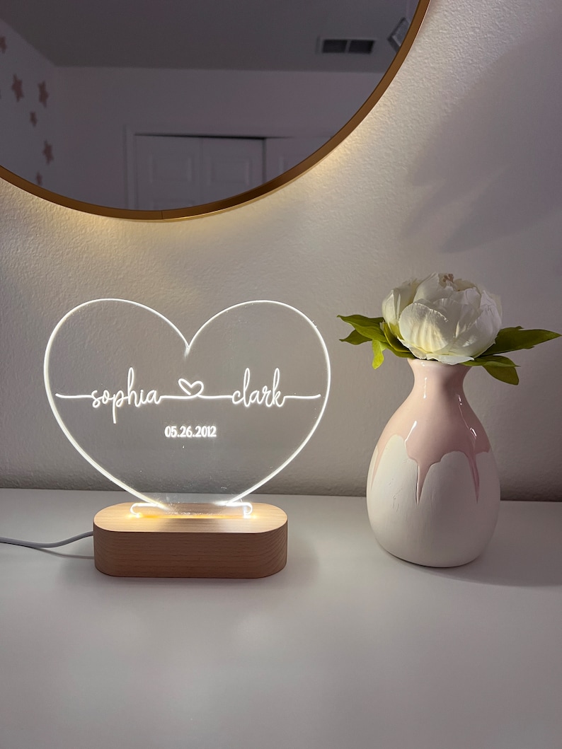 Custom Night Light as Valentines Day Gift Anniversary gift Romantic gift for couple Gift for Him Names And Date Engagement Gift image 1